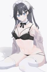 Rule 34 | 1girl, :3, absurdres, black bow, black bra, black hair, blue eyes, bow, bra, commentary, earrings, frilled bra, frills, highres, jewelry, kohaku sogo, maid headdress, multi-strapped panties, navel, open clothes, original, solo, thighhighs, two side up, underwear, underwear only
