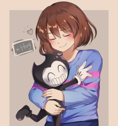 Rule 34 | 1boy, 1other, bendy, bendy and the ink machine, blush, closed eyes, crossover, frisk (undertale), hug, kaoling, shirt, short hair, smile, striped clothes, striped shirt, undertale