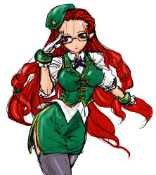 Rule 34 | 1girl, beret, blouse, blue eyes, breasts, glasses, hat, highres, hong meiling, large breasts, ledjoker07, long hair, miniskirt, red hair, salute, shirt, sketch, skirt, smile, solo, star (symbol), thighhighs, touhou, vest