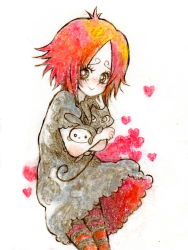 Rule 34 | 1girl, character request, doom kitty, dress, freckles, heart, pantyhose, parted bangs, red hair, ruby gloom, ruby gloom (character), smile, solo, striped clothes, striped legwear, striped pantyhose, white background, yuki touko, yukitouko