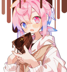 Rule 34 | 1boy, :o, absurdres, blush, blush stickers, bright pupils, brown shirt, brown sweater vest, cake, chocolate, chocolate cake, commentary request, cowlick, fang, food, heterochromia, highres, holding, holding cake, holding food, hood, hood down, hoodie, layered clothes, looking at viewer, male focus, medium hair, open mouth, original, pink eyes, pink hair, raito-kun (uenomigi), shirt, sidelocks, simple background, skin fang, solo, sweater vest, uenomigi, upper body, white background, white hoodie, white pupils