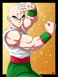 Rule 34 | 1boy, bald, black border, black eyes, border, chris re5, clenched hand, dragon ball, dragonball z, fighting stance, from side, highres, looking to the side, male focus, muscular, outline, outside border, serious, signature, solo, tank top, tenshinhan, third eye, wristband