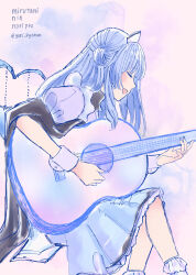 Rule 34 | 1girl, acoustic guitar, blue hair, blue skirt, character name, closed eyes, commentary request, copyright name, feet out of frame, from side, guitar, hat, highres, instrument, long hair, mirutani nia, music, noripro, nurse cap, open mouth, playing guitar, profile, purple shirt, shirt, singing, sitting, skirt, solo, virtual youtuber, watercolor background, yuri kyanon