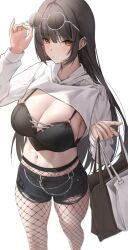 Rule 34 | 1girl, bag, black hair, black pantyhose, black shorts, blush, breasts, chain, cleavage, closed mouth, commission, ear piercing, eyewear on head, fishnet pantyhose, fishnets, from above, highres, holding, holding bag, large breasts, long sleeves, looking at viewer, navel, orange eyes, original, pantyhose, piercing, po ppe, short shorts, shorts, simple background, smile, solo, sunglasses, sweater, thighs, torn clothes, torn shorts, white sweater