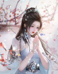 Rule 34 | 1girl, absurdres, artist request, blue dress, bracelet, branch, brown hair, dress, earrings, facial mark, forehead mark, gleam, grey eyes, hair bun, hair ornament, highres, jewelry, long hair, lu xueqi (zhu xian), own hands clasped, own hands together, parted lips, ring, second-party source, snow, solo, teeth, zhu xian