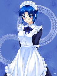 Rule 34 | 1girl, alternate costume, apron, arms behind back, black dress, blue background, blue eyes, blue hair, ciel (tsukihime), commentary request, dress, enmaided, glasses, lo lis, long dress, long sleeves, maid, maid apron, maid headdress, round eyewear, signature, smile, solo, tsukihime, white apron