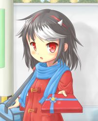 Rule 34 | 1girl, :o, aged down, alternate costume, arm up, black hair, blue scarf, blush, box, coat, colored pencil (medium), commentary request, contemporary, day, duffel coat, gift, gift box, giving, duffel bag, highres, holding, holding box, horns, kijin seija, looking at viewer, multicolored hair, outdoors, red coat, red eyes, scarf, shadow, shihasu toichi, short hair, solo, standing, streaked hair, swept bangs, touhou, traditional media, upper body, utility pole, valentine, wall