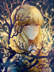 Rule 34 | 1girl, bad id, bad pixiv id, blonde hair, branch, hood, hoodie, lace, lights, lips, long hair, looking at viewer, matsunaka hiro, orange eyes, original, parted lips, signature, solo, text focus, upper body