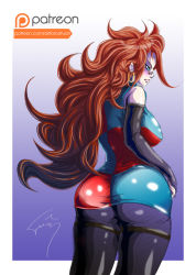 Rule 34 | 1girl, airforcetuan, android, android 21, ass, asymmetrical clothes, bare shoulders, blue dress, blue eyes, breasts, brown hair, detached sleeves, dragon ball, dragon ball fighterz, dress, from behind, glasses, huge ass, large breasts, long hair, multicolored clothes, multicolored dress, pantyhose, red dress, shiny clothes, shiny skin, short dress, sideboob, skin tight, smile, solo, thick thighs, thighs, very long hair, wide hips