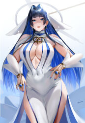 Rule 34 | 1girl, alternate costume, artist name, bare shoulders, blue eyes, blue hair, breasts, bridal gauntlets, cleavage, cowboy shot, dress, easonx, hair intakes, halo, highres, hololive, hololive english, jewelry, large breasts, long hair, looking at viewer, mixed-language commentary, ouro kronii, ring, sleeveless, sleeveless dress, solo, very long hair, virtual youtuber, white dress