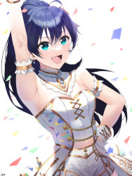 Rule 34 | 1girl, absurdres, arjent, arm strap, armpits, blue eyes, blue hair, breasts, cleavage, confetti, detached collar, dress, fang, floating hair, ganaha hibiki, highres, idol, idol clothes, idolmaster, idolmaster (classic), long hair, navel, open mouth, small breasts, smile, solo, white dress, wrist cuffs