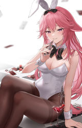 Rule 34 | 1girl, animal ears, bare shoulders, blush, bow, bowtie, breasts, brown pantyhose, card, cleavage, cocktail, cocktail glass, covered navel, cup, detached collar, drinking glass, fake animal ears, floating card, fox ears, genshin impact, hair between eyes, hair ornament, highres, holding, holding card, large breasts, leotard, long hair, looking at viewer, pantyhose, pink hair, playboy bunny, poker chip, pora 0918, purple eyes, rabbit ears, sitting, smile, solo, strapless, strapless leotard, thighs, very long hair, white leotard, white wrist cuffs, wrist cuffs, yae miko