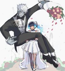 Rule 34 | !, 1boy, 1girl, absurdres, black footwear, black necktie, blue hair, bouquet, carrying, closed mouth, commentary, dress, english commentary, fiery hair, flower, full body, grey hair, height difference, hetero, highres, holding, holding bouquet, husband and wife, juneplums, lanz (xenoblade), medium dress, necktie, princess carry, sena (xenoblade), smile, tuxedo, wedding, wedding dress, white dress, white hair, xenoblade chronicles (series), xenoblade chronicles 3