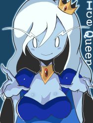 Rule 34 | 1girl, adventure time, blue skin, breasts, colored skin, dress, fang, highres, ice queen (adventure time), long hair, rikofoss, simple background, white hair