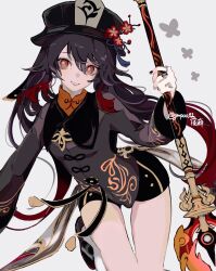 Rule 34 | 1girl, absurdres, bare legs, black hat, black shorts, brown hair, brown jacket, cowboy shot, flower, flower-shaped pupils, genshin impact, gmpoo93, hat, hat flower, highres, holding, holding polearm, holding weapon, hu tao (genshin impact), jacket, jewelry, long hair, long sleeves, looking to the side, mandarin collar, multicolored hair, multiple rings, orange shirt, polearm, red eyes, red hair, ring, shirt, short shorts, shorts, simple background, socks, solo, standing, symbol-shaped pupils, weapon, white background, white socks