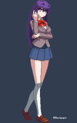 Rule 34 | 1girl, arm under breasts, artist name, blazer, blue skirt, bow, bowtie, breasts, brown footwear, brown jacket, closed mouth, collared shirt, commentary, doki doki literature club, dress shirt, english commentary, expressionless, from side, full body, grey background, hair intakes, hair ornament, hairclip, hand up, jacket, kneehighs, large breasts, loafers, long hair, long sleeves, looking at viewer, looking to the side, nastpaper, pixel art, pleated skirt, purple eyes, red bow, red bowtie, school uniform, shirt, shoes, simple background, skirt, socks, solo, twitter, very long hair, walking, white shirt, white socks, yuri (doki doki literature club)