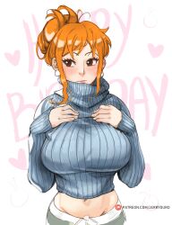 Rule 34 | 1girl, absurdres, birthday, blue sweater, blush, breasts, brown eyes, closed mouth, commentary, earrings, english commentary, hair bun, hands on own chest, happy birthday, heart, highres, jewelry, joy boy, large breasts, long hair, long sleeves, looking to the side, midriff peek, nami (one piece), nami (one piece) (post-timeskip), navel, one piece, orange hair, patreon username, pearl earrings, ribbed sweater, sidelocks, sideways glance, solo, sweater, turtleneck, turtleneck sweater, upper body, white background