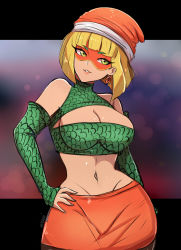 Rule 34 | 1girl, absurdres, arms (game), artist name, blonde hair, breasts, cleavage, cleavage cutout, clothing cutout, contrapposto, cowboy shot, crop top, detached sleeves, domino mask, earrings, hand on own hip, hat, highres, jewelry, knit hat, large breasts, mask, min min (arms), miniskirt, navel, omiza somi, orange skirt, short hair, skirt, smile, solo, wide hips