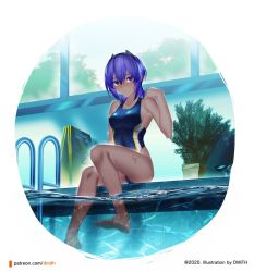 Rule 34 | 1girl, alternate costume, arm at side, artist name, bare arms, bare legs, bare shoulders, barefoot, black hairband, blue one-piece swimsuit, blush, breasts, cameltoe, closed mouth, collarbone, competition swimsuit, dark-skinned female, dark skin, dmith, fate/grand order, fate (series), hairband, hand up, hassan of serenity (fate), highleg, highleg swimsuit, indoors, looking at viewer, medium breasts, one-piece swimsuit, paid reward available, partially submerged, partially underwater shot, plant, pool, pool ladder, potted plant, purple eyes, purple hair, round image, short hair, sitting, soaking feet, solo, swimsuit, underwater, water, watermark, web address, wet, window