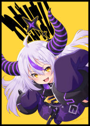 Rule 34 | 1girl, :d, absurdres, ahoge, ascot, black horns, braid, commentary request, fang, hair between eyes, highres, hololive, horns, jacket, kazuma muramasa, la+ darknesss, long hair, looking at viewer, multicolored hair, open mouth, pointy ears, purple hair, purple jacket, simple background, sleeves past fingers, sleeves past wrists, slit pupils, smile, solo, streaked hair, striped horns, tail, translation request, virtual youtuber, white hair, yellow ascot, yellow background, yellow eyes