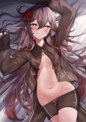 Rule 34 | 1girl, absurdres, arm up, bed sheet, black jacket, black shorts, blush, breasts, brown hair, clothes pull, cowboy shot, flower, from above, genshin impact, grin, hair flower, hair ornament, highres, hu tao (genshin impact), jacket, long hair, long sleeves, looking at viewer, lying, on back, open clothes, open jacket, red eyes, red flower, short shorts, shorts, shorts pull, small breasts, smile, solo, symbol-shaped pupils, underboob, very long hair, yutoriko (candy0905)