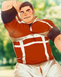 Rule 34 | 1boy, arm behind head, bara, belly, blurry, blurry background, blush, brown hair, bulge, cowboy shot, daisukebear, facial hair, facial scar, fat, fat man, flaccid, goatee, goatee stubble, highres, large pectorals, long sideburns, male focus, muscular, muscular male, no male underwear, open fly, paid reward available, pectorals, penis, penis peek, red shirt, rugby uniform, scar, scar on cheek, scar on face, shirt, short hair, sideburns, sideburns stubble, solo, sportswear, strongman waist, stubble, tamamura gunzo, thick eyebrows, tokyo houkago summoners