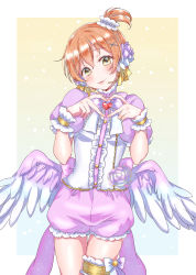 Rule 34 | 1girl, angel wings, bad id, bad pixiv id, blush, bow, bowtie, center frills, cowboy shot, feathered wings, flower, frilled shorts, frills, gradient background, hair flower, hair ornament, hair ribbon, head tilt, headset, heart, heart hands, highres, hoshizora rin, kaisou (0731waka), looking at viewer, love live!, love live! school idol festival, love live! school idol project, orange hair, pink bow, pink bowtie, pink flower, pink rose, pink shorts, ribbon, rose, short hair, short sleeves, shorts, side ponytail, smile, solo, striped bow, striped bowtie, striped clothes, striped neckwear, thigh gap, thighlet, wings, wrist cuffs, x hair ornament, yellow eyes, yellow ribbon