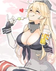 Rule 34 | 1girl, alcohol, beer, blonde hair, breasts, closed eyes, commentary request, cowboy shot, dango, eating, elbow gloves, fingerless gloves, food, front-tie top, glass, gloves, hair between eyes, headgear, iowa (kancolle), kantai collection, large breasts, miniskirt, one-hour drawing challenge, sitting, skirt, solo, striped clothes, striped thighhighs, thighhighs, tongue, tongue out, vertical-striped clothes, vertical-striped thighhighs, wagashi, yamashichi (mtseven)