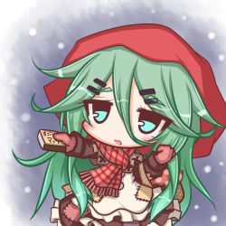 Rule 34 | 1girl, :o, aqua eyes, basket, blush, border, brown dress, chibi, commentary request, dress, fading border, frilled dress, frills, fringe trim, gloves, green hair, hair between eyes, hair flaps, hair ornament, hairclip, hand up, holding, holding basket, hood, kantai collection, komakoma (magicaltale), little match girl, long hair, long sleeves, matchbox, mittens, open mouth, outdoors, outstretched arm, patch, pink gloves, plaid, plaid scarf, polka dot, red hood, robe, scarf, snowing, solo, standing, yamakaze (kancolle)