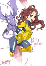 Rule 34 | 10s, 1girl, :d, animification, belt, belt buckle, bodysuit, boots, breasts, brick wall, brown hair, buckle, character name, dated, dragon, floating hair, from side, gloves, green eyes, hamamoto ryuusuke, kitty pryde, lockheed, long hair, looking at viewer, marvel, open mouth, shadowcat, signature, small breasts, smile, spandex, superhero costume, thigh boots, thighhighs, through wall, traditional media, wall, wavy hair, x-men, yellow footwear, yellow gloves