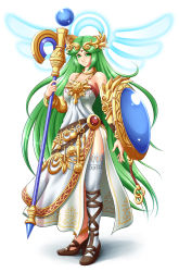 Rule 34 | 1girl, absurdres, anklet, asymmetrical footwear, breasts, dress, full body, gold, green eyes, green hair, highres, hip focus, jewelry, kid icarus, layered clothes, long hair, long skirt, matching hair/eyes, mazume, medium breasts, mismatched footwear, nintendo, ornament, palutena, shield, side slit, simple background, single thighhigh, skirt, smile, solo, staff, strapless, strapless dress, super smash bros., thighhighs, uneven footwear, very long hair, white background, white dress, white skirt, white thighhighs