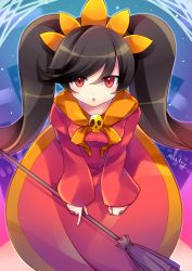 Rule 34 | 1girl, ashley (warioware), black hair, breasts, broom, character name, commentary request, dress, eyes visible through hair, hair ornament, kujou mikuru, long hair, long sleeves, looking at viewer, nintendo, open mouth, red dress, red eyes, sailor collar, sidelocks, skull, small breasts, solo, twintails, very long hair, warioware, yellow sailor collar