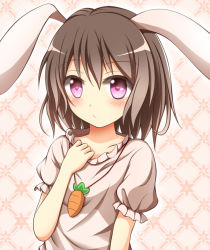 Rule 34 | 1girl, animal ears, argyle, argyle background, argyle clothes, black hair, blush, carrot, carrot necklace, collar tug, collarbone, dress, inaba tewi, jewelry, kuroganeruto, looking at viewer, necklace, pink dress, pink eyes, puffy sleeves, rabbit ears, short sleeves, solo, touhou, upper body