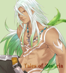 Rule 34 | 10s, 1boy, belt, brown eyes, copyright name, getfulness-0720, gradient hair, green background, green hair, jewelry, long hair, male focus, multicolored hair, necklace, topless male, smile, solo, tales of (series), tales of zestiria, tan, tattoo, white hair, zaveid (tales)