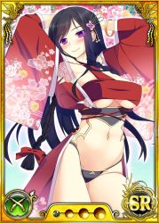 Rule 34 | 1girl, arms behind head, arms up, black hair, blush, braid, breasts, card (medium), dmm, female focus, japanese clothes, large breasts, legs, long hair, looking at viewer, navel, nobunaga wa ore no yome. hime bushou 1000-ningiri, official art, pink eyes, simple background, smile, solo, standing, thighs, thong, trading card, twin braids