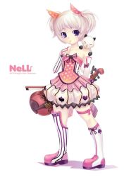 Rule 34 | 1boy, asymmetrical clothes, asymmetrical footwear, boots, bow (music), cat, dress, easycrew, instrument, lee byung hee, male focus, mismatched footwear, nell (pangya), official art, pangya, pepper (pangya), purple eyes, ribbon, short twintails, silver hair, solo, trap, twintails, violin, white background