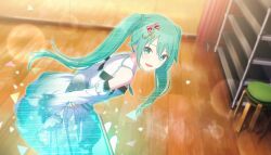 Rule 34 | 1girl, :d, bare shoulders, colorful palette, detached sleeves, hair between eyes, hair ornament, hatsune miku, long hair, looking at viewer, looking back, official art, open mouth, project sekai, skirt, smile, solo, twintails, very long hair