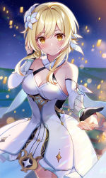 Rule 34 | 1girl, black gloves, blonde hair, blush, breasts, brown eyes, cleavage, closed mouth, commentary request, detached sleeves, dress, genshin impact, gloves, hair between eyes, highres, kisaragi yuri, long hair, long sleeves, looking at viewer, lumine (genshin impact), medium breasts, night, night sky, outdoors, partially fingerless gloves, sky, smile, solo, star (sky), starry sky, white dress, white sleeves