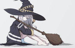 1girl absurdres bad_id bad_pixiv_id barefoot black_coat broom closed_mouth coat from_side full_body hat highres knees_up legs long_hair long_sleeves looking_at_viewer looking_to_the_side original pension_z purple_eyes sidelocks sitting soles solo thighs white_background white_hair witch_hat wrist_cuffs