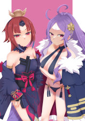 Rule 34 | ahoge, apron, bare shoulders, benienma (fate), benienma alter (fate), bikini, bird hat, black bikini, black cape, black gloves, blush, breasts, brown headwear, cape, cleavage, collarbone, crossed arms, facial mark, fate/grand order, fate (series), feather trim, flower, forehead, forehead mark, fur-trimmed cape, fur trim, gloves, hair flower, hair ornament, half gloves, highres, japanese clothes, kimono, large breasts, long hair, long sleeves, looking at viewer, low ponytail, medium breasts, mun wa maro, parted bangs, ponytail, purple eyes, purple hair, red eyes, red hair, red kimono, sidelocks, smile, swimsuit, thighs, very long hair, white apron, wide sleeves, wu zetian (fate), wu zetian (swimsuit caster) (fate), wu zetian (swimsuit caster) (third ascension) (fate)