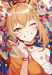 Rule 34 | 1girl, absurdres, arm tattoo, blonde hair, blurry, blurry background, bracelet, breasts, bug, butterfly, choker, cleavage, collarbone, earrings, genshin impact, grin, half updo, highres, holding, index finger raised, insect, japanese clothes, jewelry, kimono, long hair, looking at viewer, medium breasts, miz (mi), one eye closed, orange kimono, pendant, portrait, red choker, sarashi, smile, solo, tattoo, wink, yellow eyes, yoimiya (genshin impact)