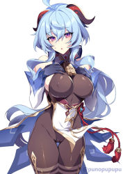 Rule 34 | 1girl, ahoge, bare shoulders, bell, black gloves, black pantyhose, blue hair, blush, bodystocking, breasts, detached sleeves, dress, elbow gloves, ganyu (genshin impact), genshin impact, gloves, hands on own chest, highleg, highleg leotard, highres, horns, jewelry, large breasts, leotard, long hair, looking at viewer, neck bell, pantyhose, pelvic curtain, pendant, purple eyes, puuzaki puuna, skindentation, solo, thighs, vision (genshin impact), white background, white dress