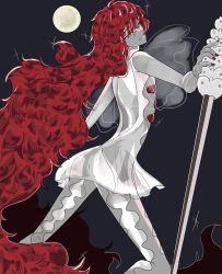 Rule 34 | 1other, alternate costume, androgynous, back cutout, bad id, bad twitter id, clothing cutout, colored eyelashes, colored skin, crystal hair, full moon, gem, gyu nba32, highres, houseki no kuni, long hair, looking at viewer, moon, night, open clothes, padparadscha (houseki no kuni), red eyes, red hair, see-through, see-through sleeves, smile, solo, spoilers, sword, very long hair, wavy hair, weapon, white skin