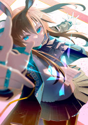 Rule 34 | 1girl, absurdres, amiya (arknights), animal ears, arknights, arms up, ascot, black ascot, black coat, black skirt, blue choker, blue eyes, brown hair, choker, clothes writing, coat, cowboy shot, from above, gradient background, hair between eyes, highres, jewelry, long hair, long sleeves, looking at viewer, looking up, midriff peek, miniskirt, multiple rings, navel, open clothes, open coat, outstretched arms, parted lips, petals, pink background, plaid, plaid skirt, pleated skirt, ponytail, rabbit ears, ring, shirt, skirt, solo, spread fingers, thighlet, white background, white shirt, yuu (yuu yu)