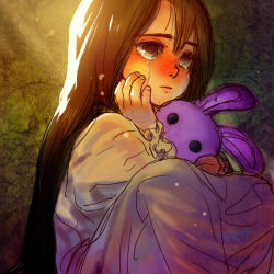 Rule 34 | 1girl, brown eyes, brown hair, commentary, crying, crying with eyes open, english commentary, fingernails, hase (nafela), long hair, looking away, original, sad, solo, solo focus, stuffed animal, stuffed rabbit, stuffed toy, sunlight, tears, toy, very long hair