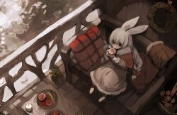 Rule 34 | 1girl, animal ears, animal legs, blush, bow, braid, brown dress, brown ribbon, bucket, candle, capelet, chair, christmas, christmas wreath, commentary, cup, cushion, dress, food, from above, fur-trimmed capelet, fur trim, grey hair, hair bow, highres, holding, holding cup, hot drink, long hair, long sleeves, mug, nose blush, on chair, original, plant, plate, potted plant, rabbit ears, railing, red bow, red capelet, red eyes, ribbon, shirokujira, sitting, solo, steam, twin braids, wooden chair, wreath