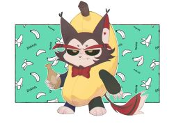 Rule 34 | 1boy, animal ears, animal nose, aqua background, banana, banana costume, black sclera, border, bottle, bow, bowtie, brown fur, cat boy, cat ears, chibi, chromatic aberration, claws, closed mouth, colored sclera, fang, fang out, food, frown, fruit, full body, fur-tipped tail, furry, furry male, hazbin hotel, highres, holding, holding bottle, husk (hazbin hotel), jitome, male focus, meme, natto rain, outside border, red bow, red bowtie, sad banana cat (meme), simple background, solo, tail, traditional bowtie, two-tone fur, white border, white fur, yellow eyes