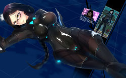 Rule 34 | 1girl, bed, black hair, blush, bodysuit, braid, breasts, covered erect nipples, covered navel, crown, earrings, glasses, hand on own thigh, highres, jewelry, large breasts, long hair, lying, on bed, original, phantasy star, phantasy star online 2, screencap, screenshot inset, skin tight, solo, swordwaltz, thigh gap, yellow eyes