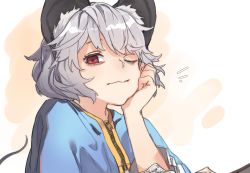 Rule 34 | 1girl, animal ears, bags under eyes, blue shirt, closed mouth, grey hair, highres, looking at viewer, medium hair, mouse ears, mouse tail, nazrin, notice lines, one eye closed, red eyes, reiga (act000), shirt, solo, tail, touhou, upper body