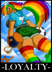 Rule 34 | 1girl, ass, ball, basketball, basketball hoop, belt, breasts, cloud, covered erect nipples, dark skin, fingerless gloves, from behind, gloves, goggles, goggles on head, highres, hood, hoodie, large breasts, multicolored hair, my little pony, my little pony: friendship is magic, personification, ponytail, rainbow dash, rainbow hair, red eyes, shonuff44, shorts, smirk, soccer ball, thighhighs, toned